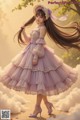 A woman in a purple dress is standing in the clouds.