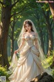 A woman in a wedding dress standing in the woods.